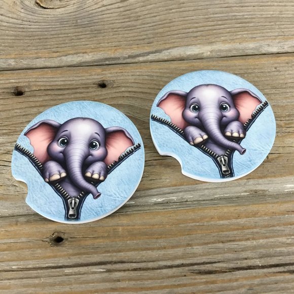Elephant Peek-a-Boo Zipper Car Coasters Set of 2 - Picture 2 of 6